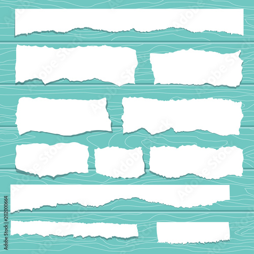 Scrap paper on wooden background. Torn pieces of white sheet. Flat vector cartoon illustration. Objects isolated.