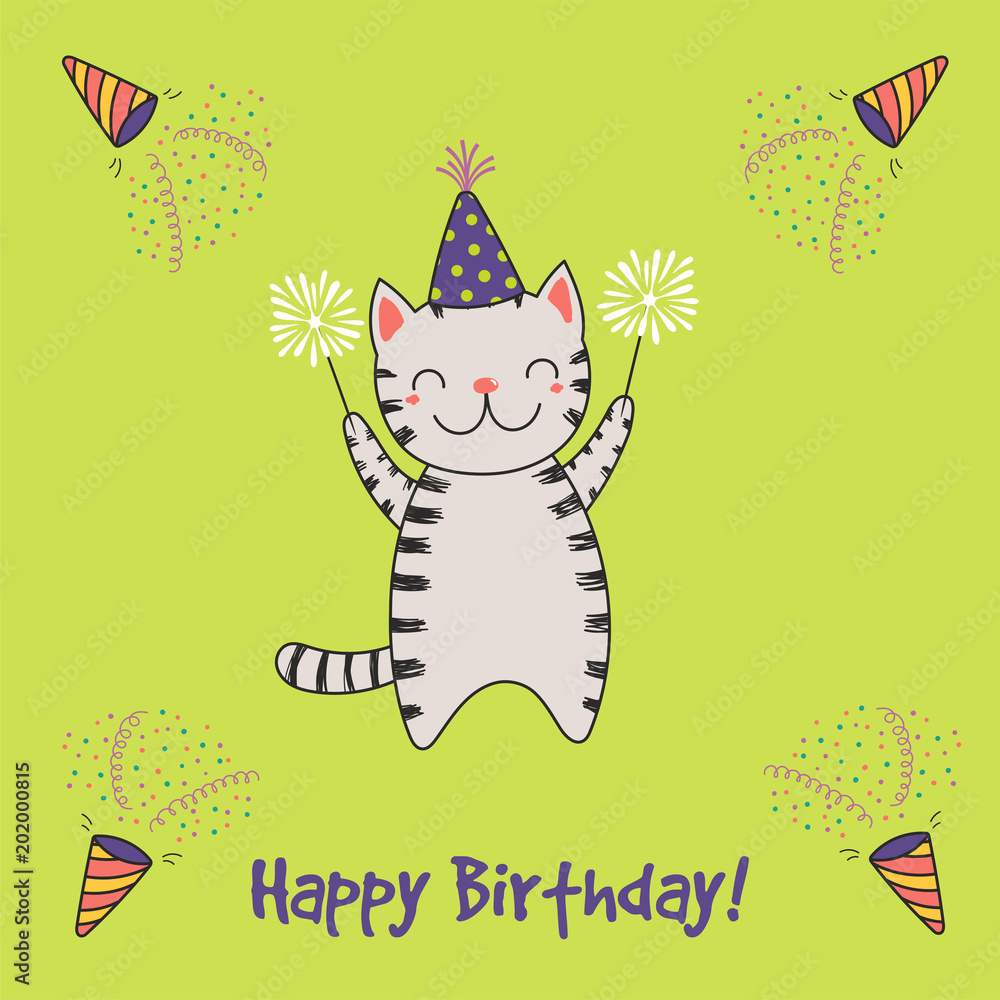Hand drawn Happy Birthday greeting card with cute funny cartoon cat with  sparklers, text. Isolated objects on a background with poppers. Vector  illustration. Design concept for party, celebration. Stock Vector | Adobe