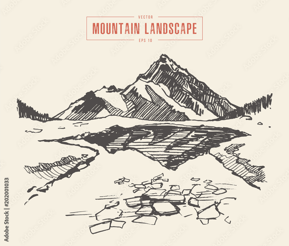 Beautiful mountain landscape iced lake vector draw