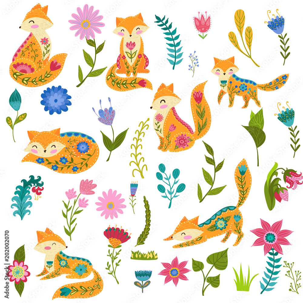 Obraz premium Folk set vector colorful illustration with beautiful fox and flowers. Scandinavian style.