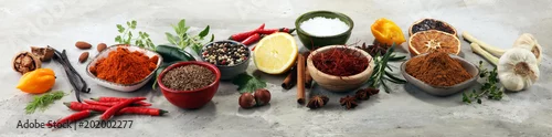 Obraz  z motywem Spices and herbs on table. Food and cuisine ingredients.