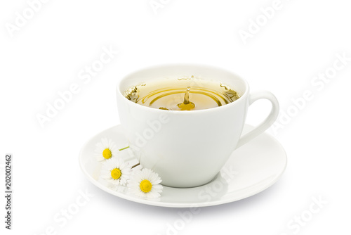 cup of chamomile with splashing drop and daisy on white background