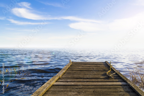 Fantastic view of the wooden pier in the lake. Scenery background