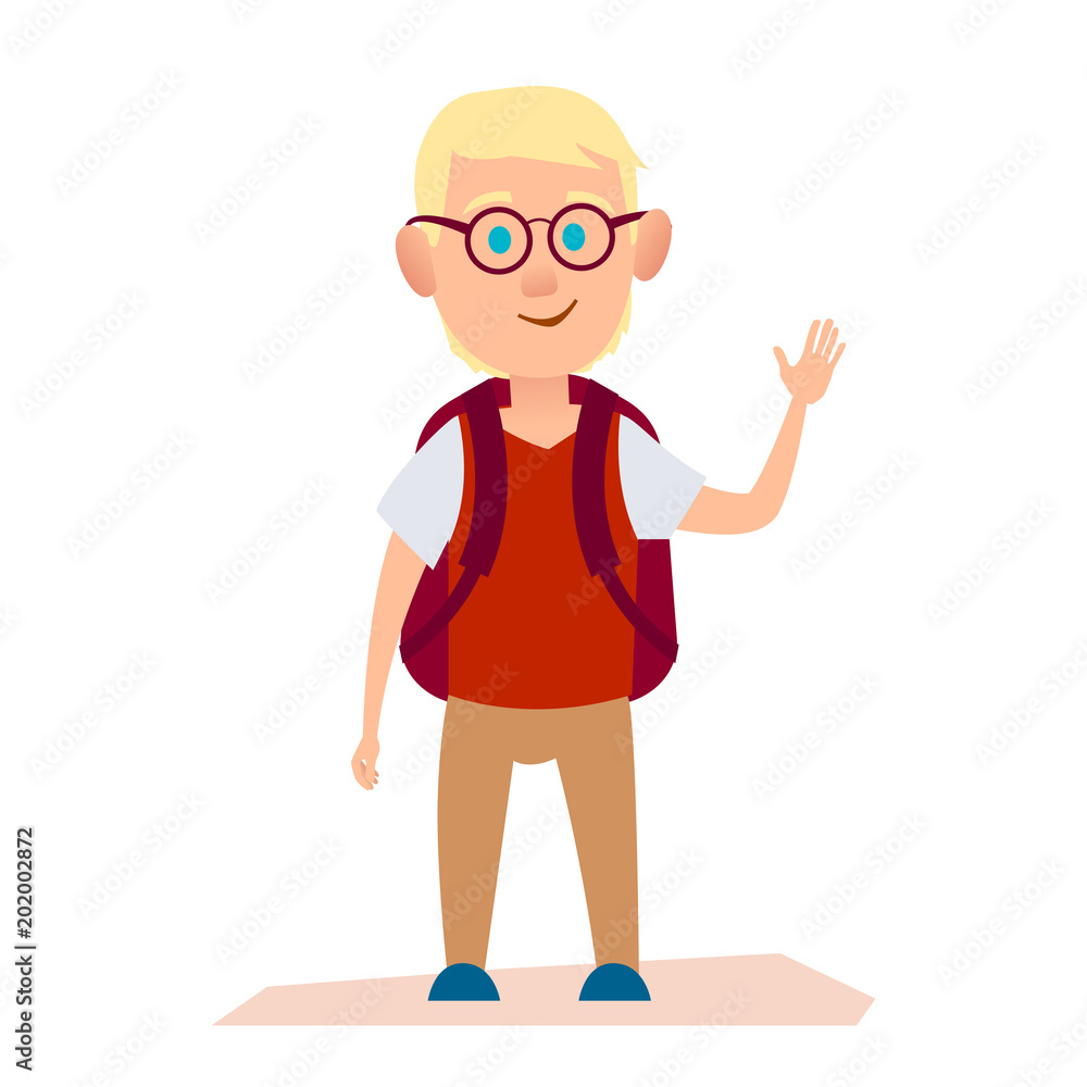 Glad Albino Boy with Glasses and Knapsack on Back Glad Albino Boy with Glasses and Knapsack on Back