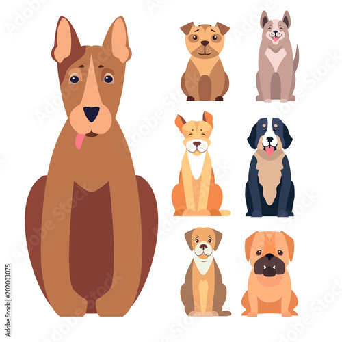 Cute Purebred Dogs Cartoon Flat Vectors Icons Set