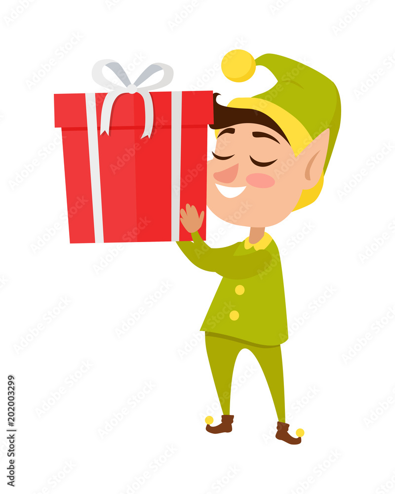 Happy Elf with big Present on White Background Happy Elf with big Present on White Background
