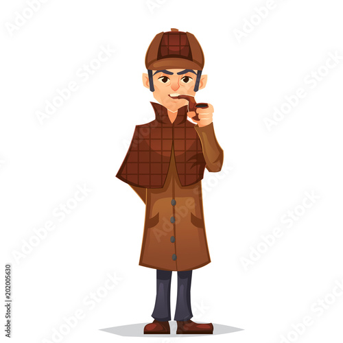 Detective man character smoking pipe design, cartoon flat style, vector color illustration