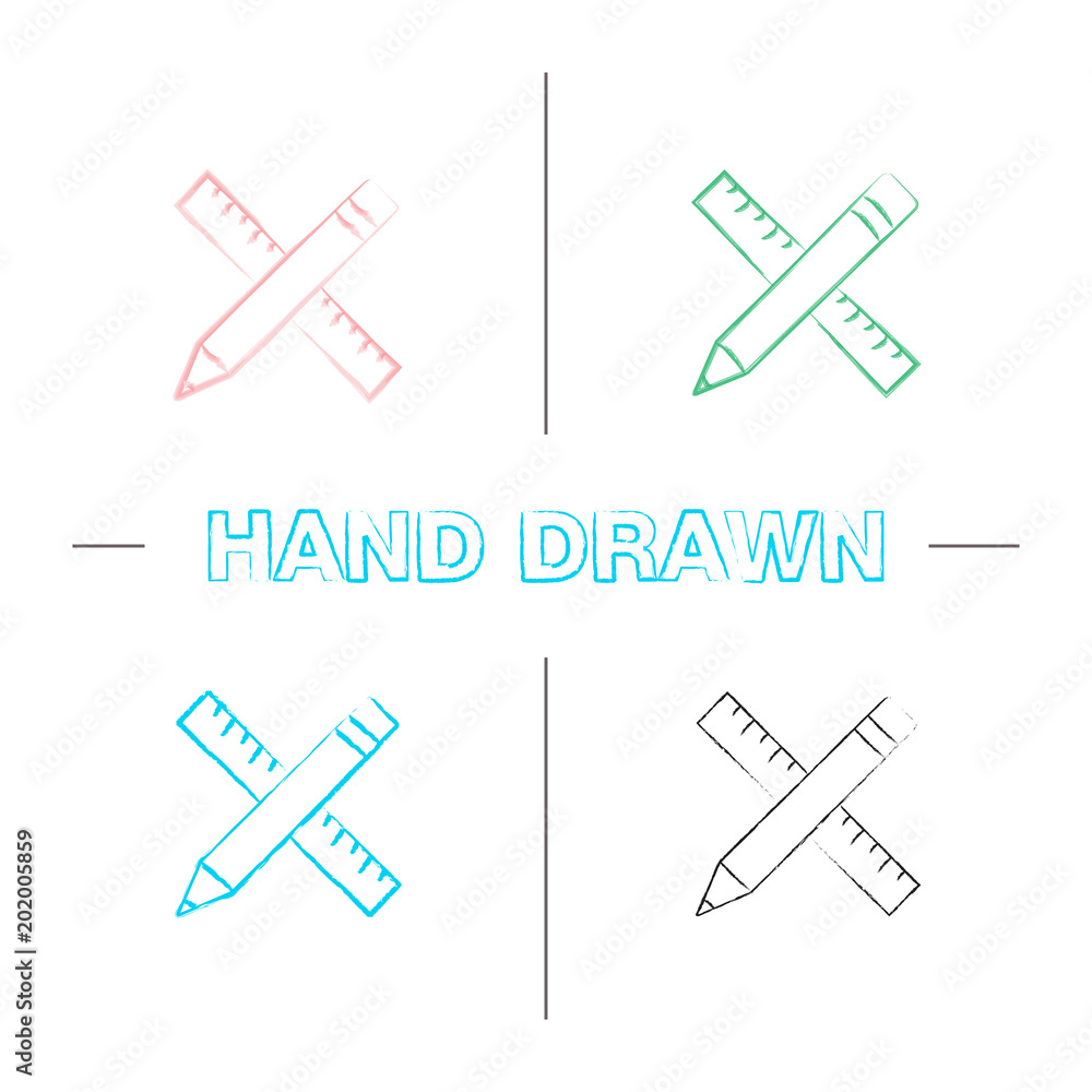 Ruler and pencil hand drawn icons set