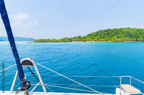 Luxury seat sea view in yacht on blue sky sunset light background.