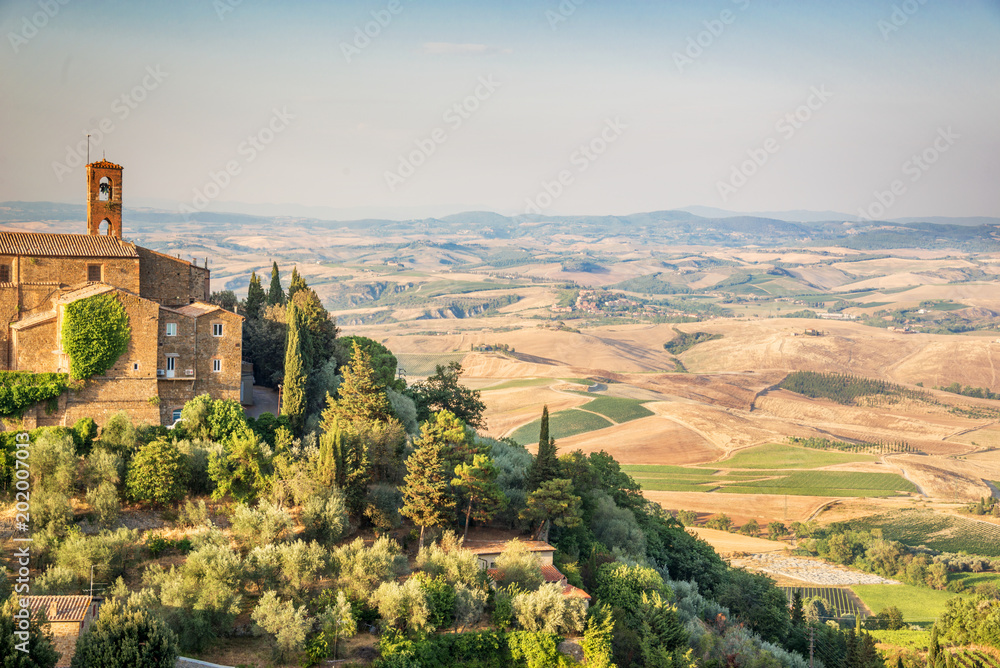 View of Montalcino, countryside landscape in the background, Tuscany, Italy