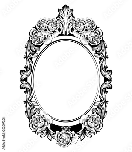 Vintage round frame with rose flowers decor Vector. Antique ornamented mirror...