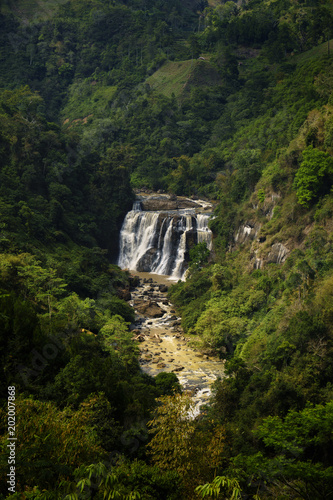 Beautiful Mini Niagara named Malela Waterfall from distance in West Java Indonesia