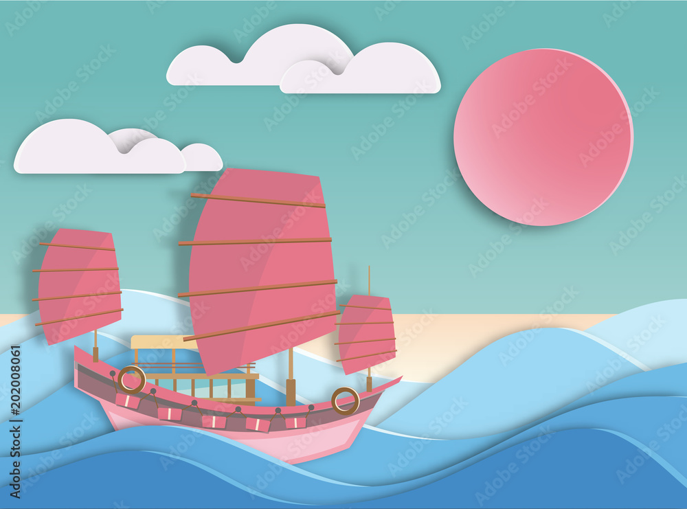 Fototapeta premium china boat floating on beautiful sea background paper cut style .candy color vector style.