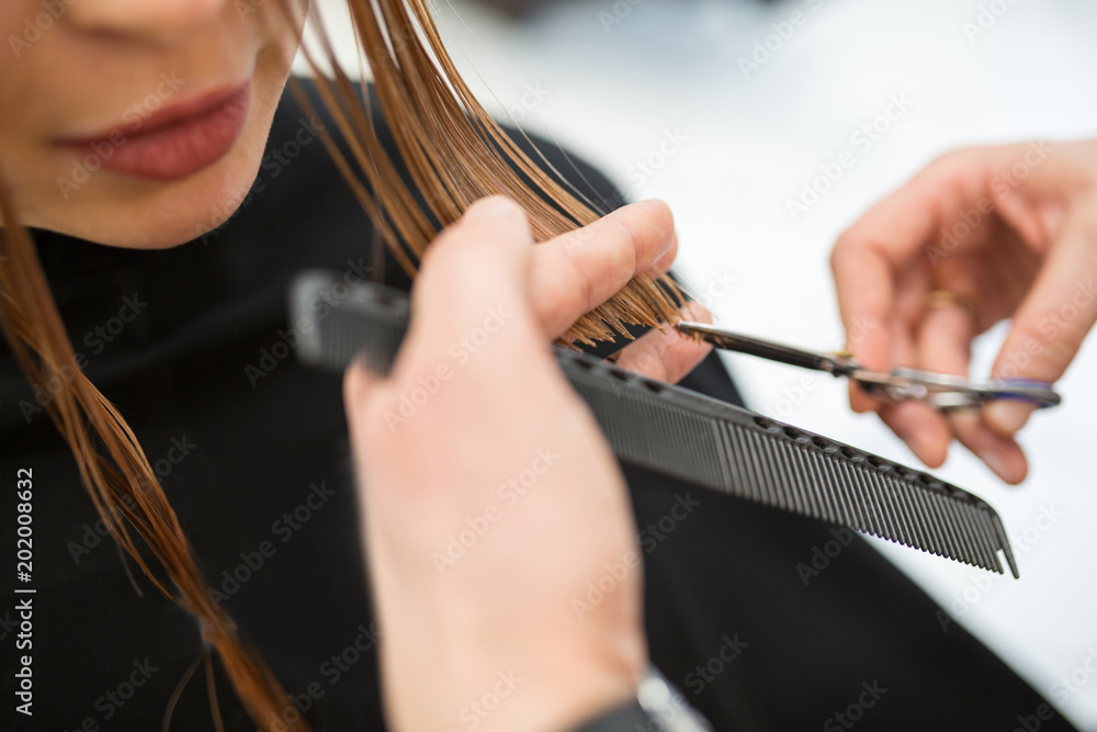 Fototapeta premium Hairdresser hands cutting young girl hair