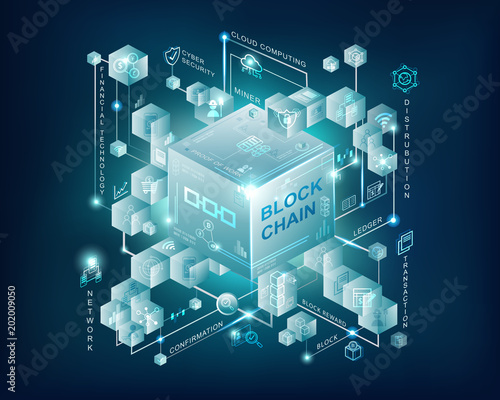 Blockchain epic blue with connected cube block link to chain background, fintech icon, proof of work , cloud computing, blockchain,  Ledger, mining pool.