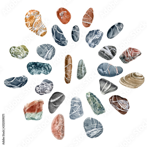 sea stones set. Watercolor hand drawn stones. Can be used as print, postcard, packaging, element design, invitation, textile, greeting card, stickers and so on.