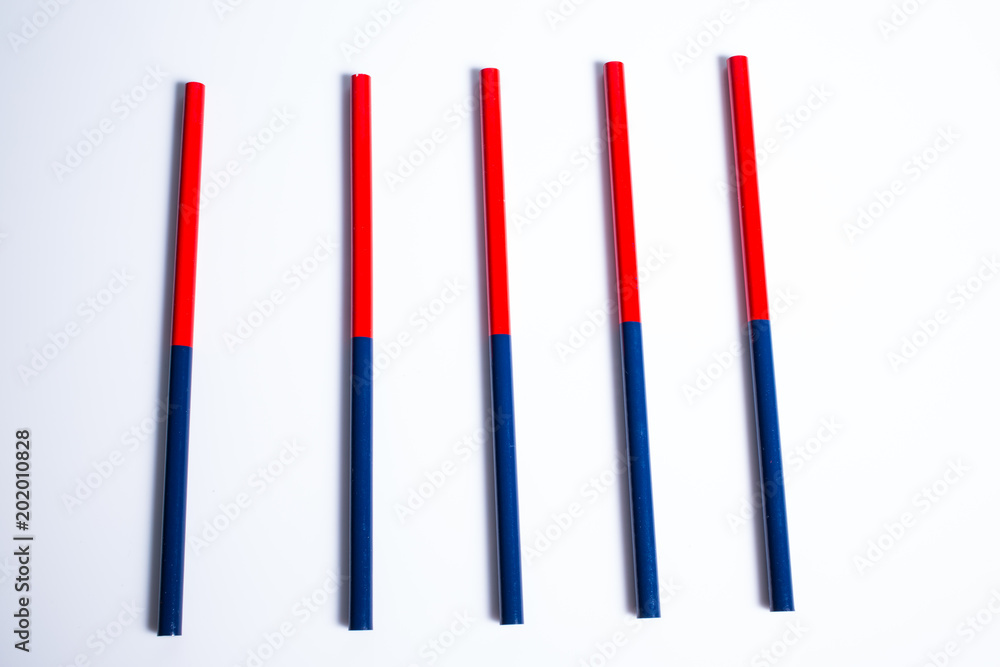Two colored pencils, two sided, Red and blue pencils Isolated on white background