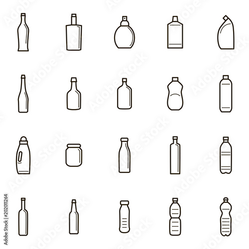Bottles for Liquid Signs Black Thin Line Icon Set. Vector