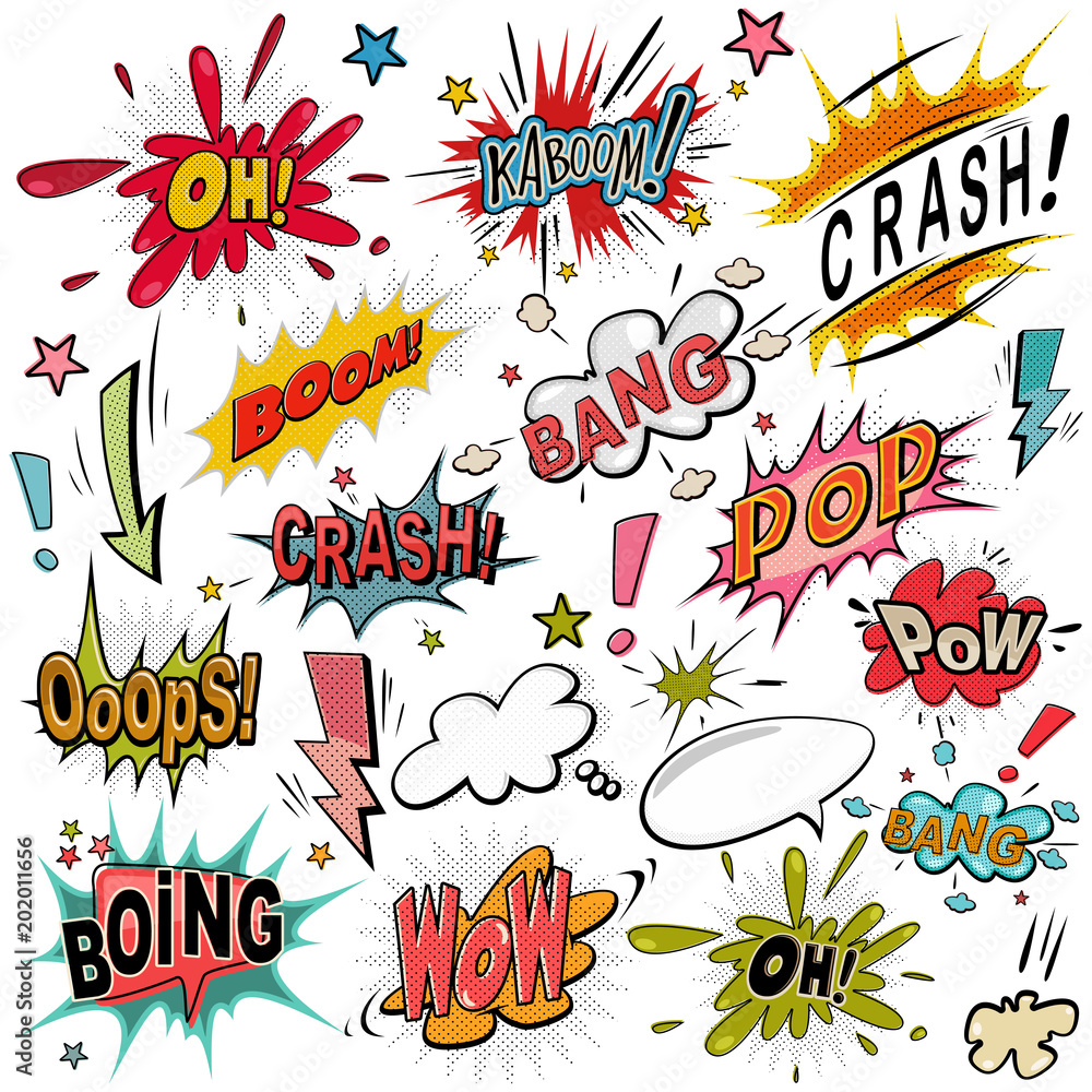 Comic sound effect set. Bubble speech in pop art style. Retro comical book  cartoon expression with text. Vector illustration. Stock Vector | Adobe  Stock