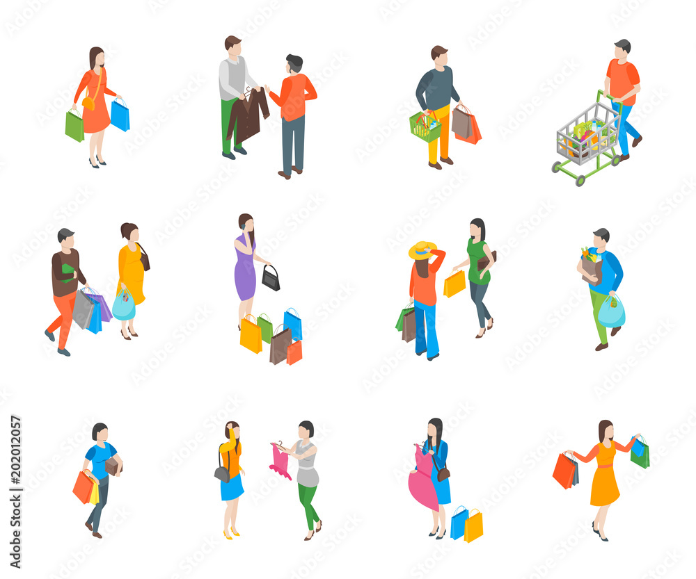Shopping People 3d Icons Set Isometric View. Vector