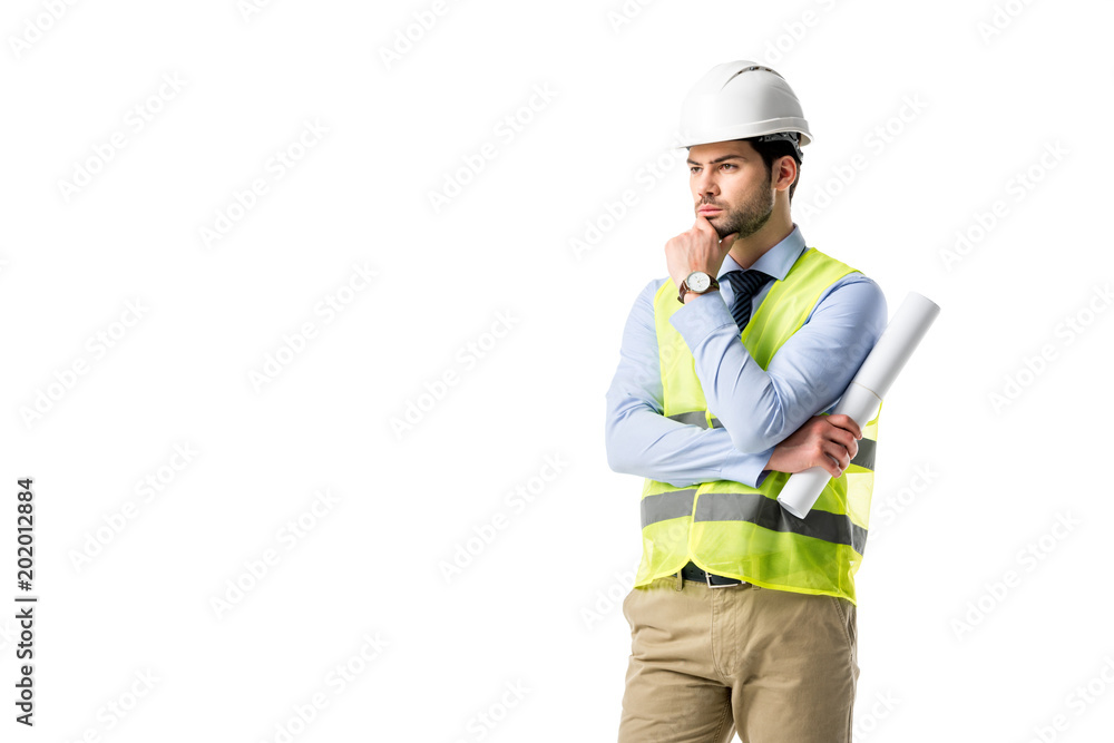 Thoughtful architect in reflective vest and hard hat holding blueprint isolated on white Thoughtful architect in reflective vest and hard hat holding blueprint isolated on white