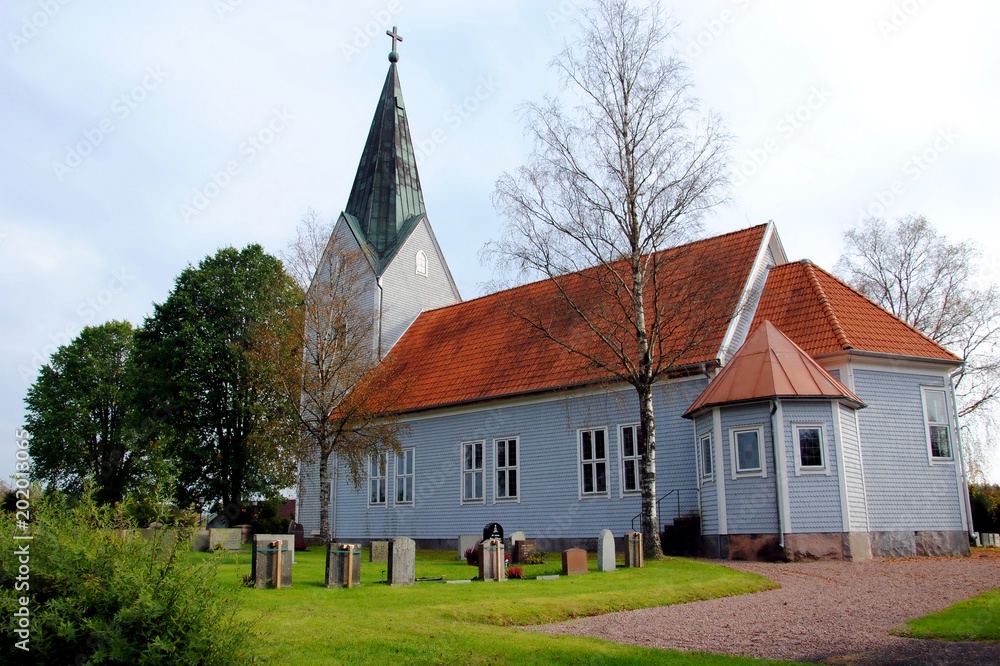 Wooden church in Landeryd, a village in Halland county in the province Småland, Sweden 