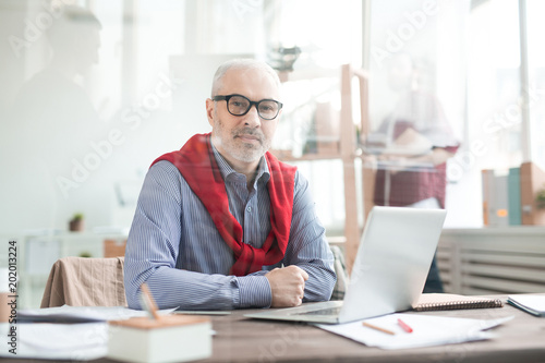 Portrait of mature businessman in eyeglasses sitting at his table at office