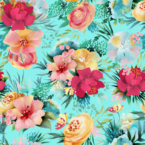 Beautiful  bright watercolor floral seamless pattern. Hand drawn flowers on blue background