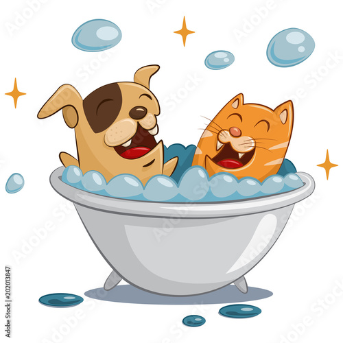 Pet grooming and spa. Dog and cat care. Animal in bath with soap bubbles. Funny cartoon illustration isolated on white background.
