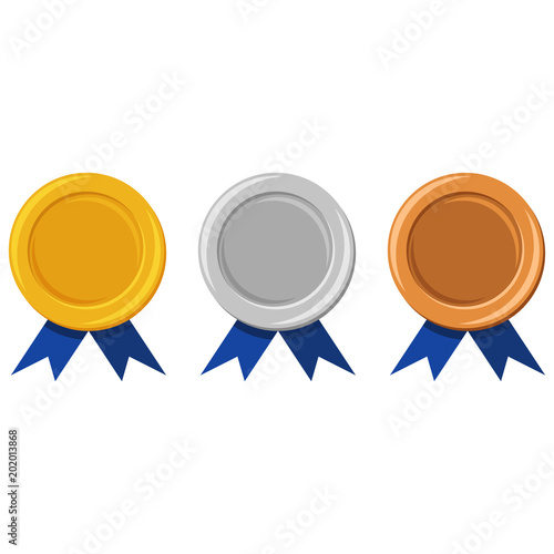 Template of gold, silver and bronze medals with a blue ribbon. Awards for winners in сhampionships. Vector flat cartoon illustration isolated on a white background.