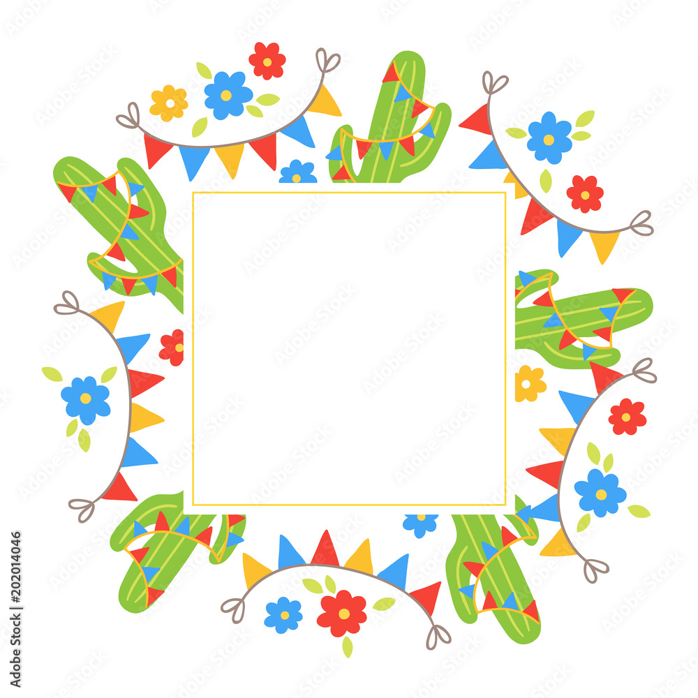 Fototapeta premium Festa Junina greeting card with garland, cactus, flower, leaves