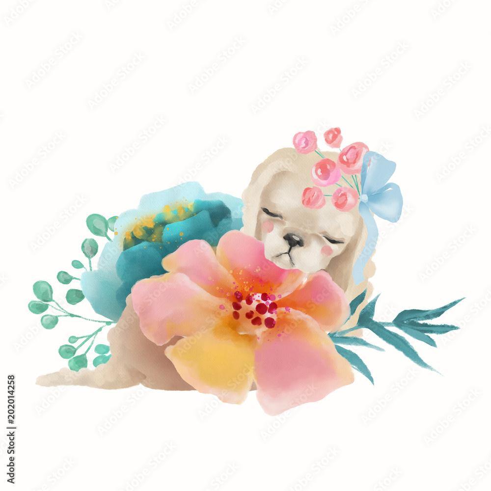Cute watercolor baby animal puppy (dog) spaniel with floral wreath, tied bow and flowers bouquet isolted on white illustration Cute watercolor baby animal puppy (dog) spaniel with floral wreath, tied bow and flowers bouquet isolted on white illustration