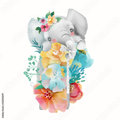 Photography Cute watercolor baby animal elephant with floral wreath, tied bow and flowers bo