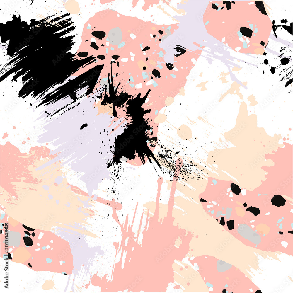 Abstract seamless pattern with brush strokes, paint splashes and stone textures.