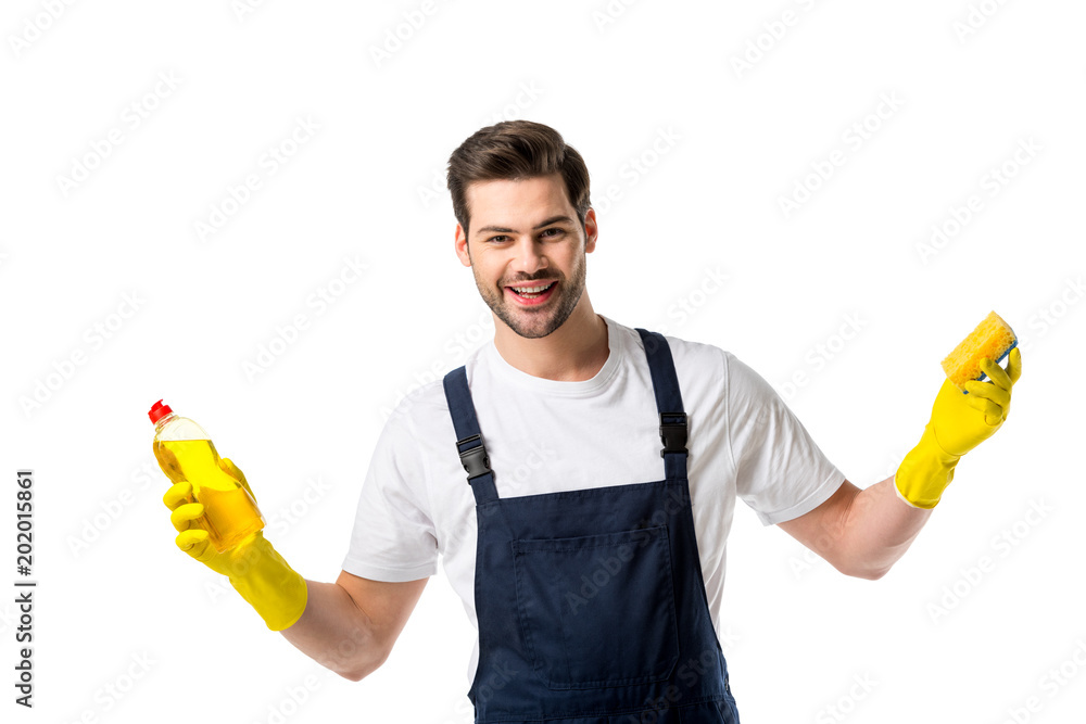 portrait of cheerful cleaner in rubber gloves with detergent and sponge isolated on white portrait of cheerful cleaner in rubber gloves with detergent and sponge isolated on white