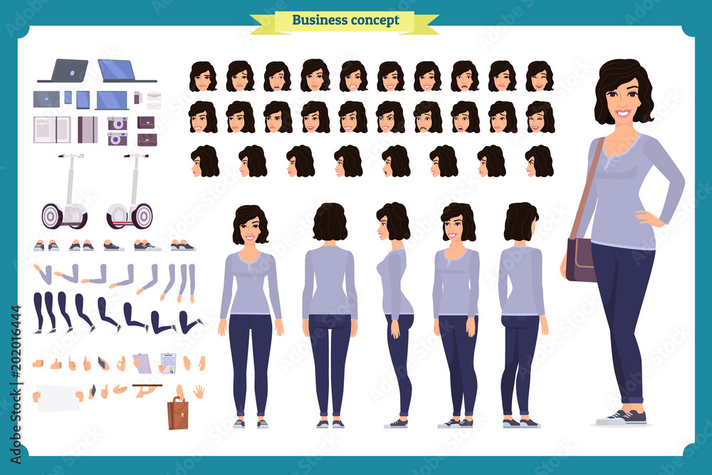 Young woman, casual clothes. Character creation set. Full length, different  views, emotions, gestures, isolated against white background. Build your  own design. Cartoon flat-style vector illustration vector de Stock | Adobe  Stock