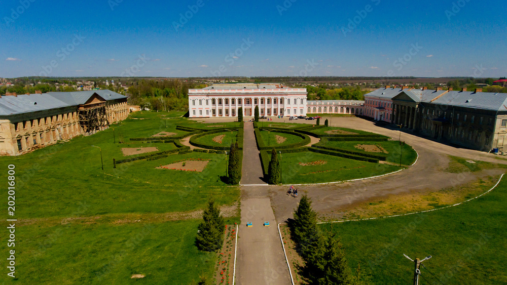 Aerial view of the ancient palace of Polish tycoons Potocki in Tulchin, Ukraine.