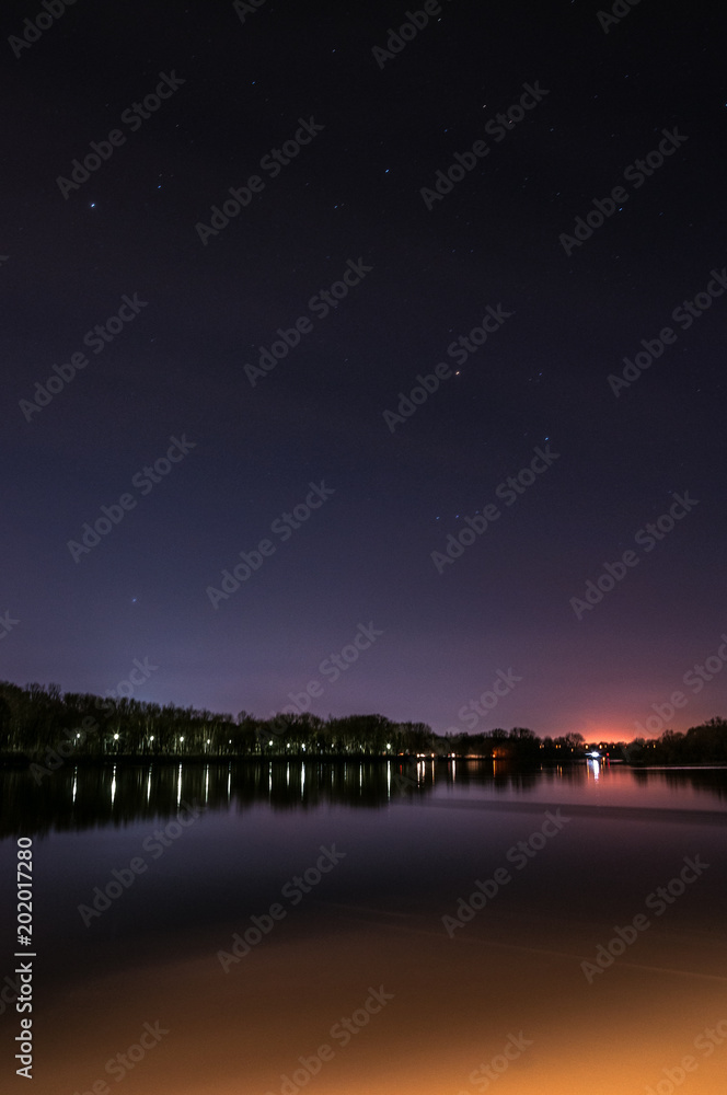 The lake in the Park at night. Starry sky above the trees. The city lights at night.