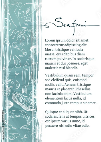 Seafood restaurant meny. Vertical hand drawn vector illustration. Template design can be used for banner, flyer, business promote.