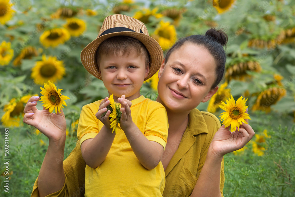 Mom and son hug, laugh and play in a field of sunflowers. Happy family moments spent in the open air. Mother's Day. Mom and son hug, laugh and play in a field of sunflowers. Happy family moments spent in the open air. Mother's Day.