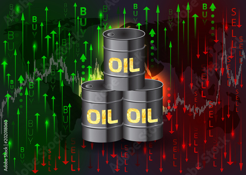 Oil barrels and buy and sell arrows.