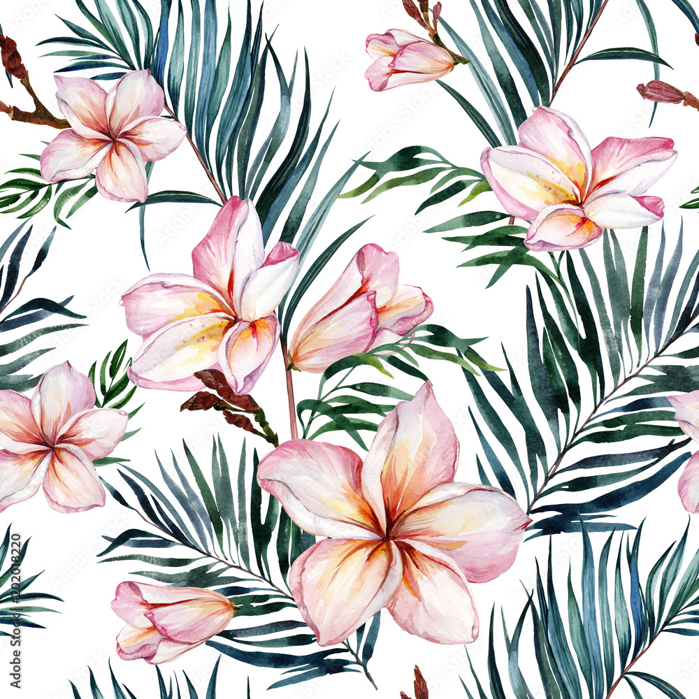 Obraz Różowi plumeria kwiaty i egzotyczni palma liście w bezszwowym tropikalnym wzorze. Białe tło. Malarstwo akwarelowe. Ręcznie rysowane i malowane ilustracja kwiatowy. Tkanina, tapety.