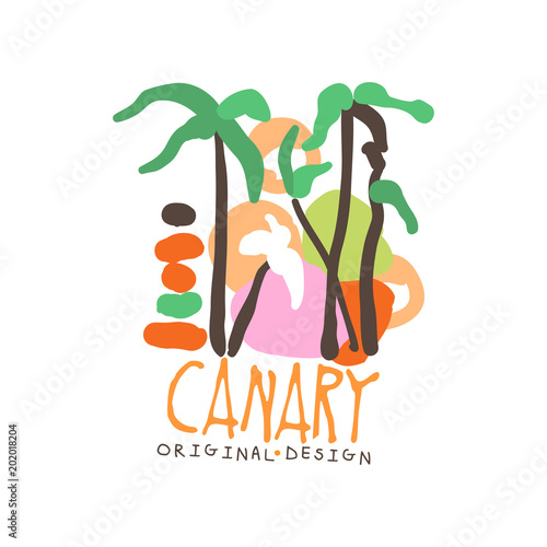 Canary island logo template original design, exotic summer holiday badge, label for a travel agency, element for design element for banner, poster, flyer, advertising hand drawn vector Illustration