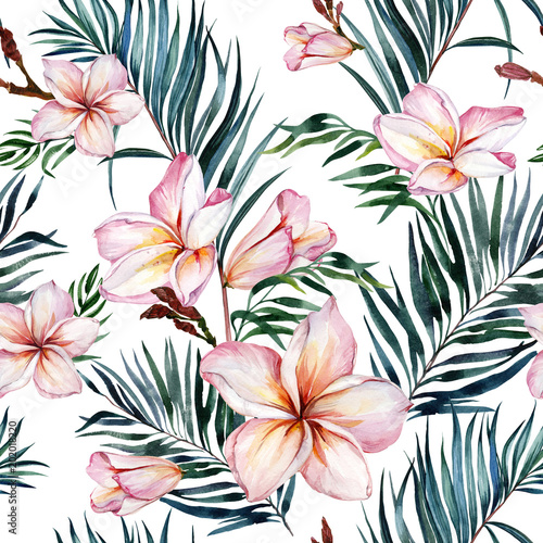 Obraz na płótnie Różowi plumeria kwiaty i egzotyczni palma liście w bezszwowym tropikalnym wzorze. Białe tło. Malarstwo akwarelowe. Ręcznie rysowane i malowane ilustracja kwiatowy. Tkanina, tapety.