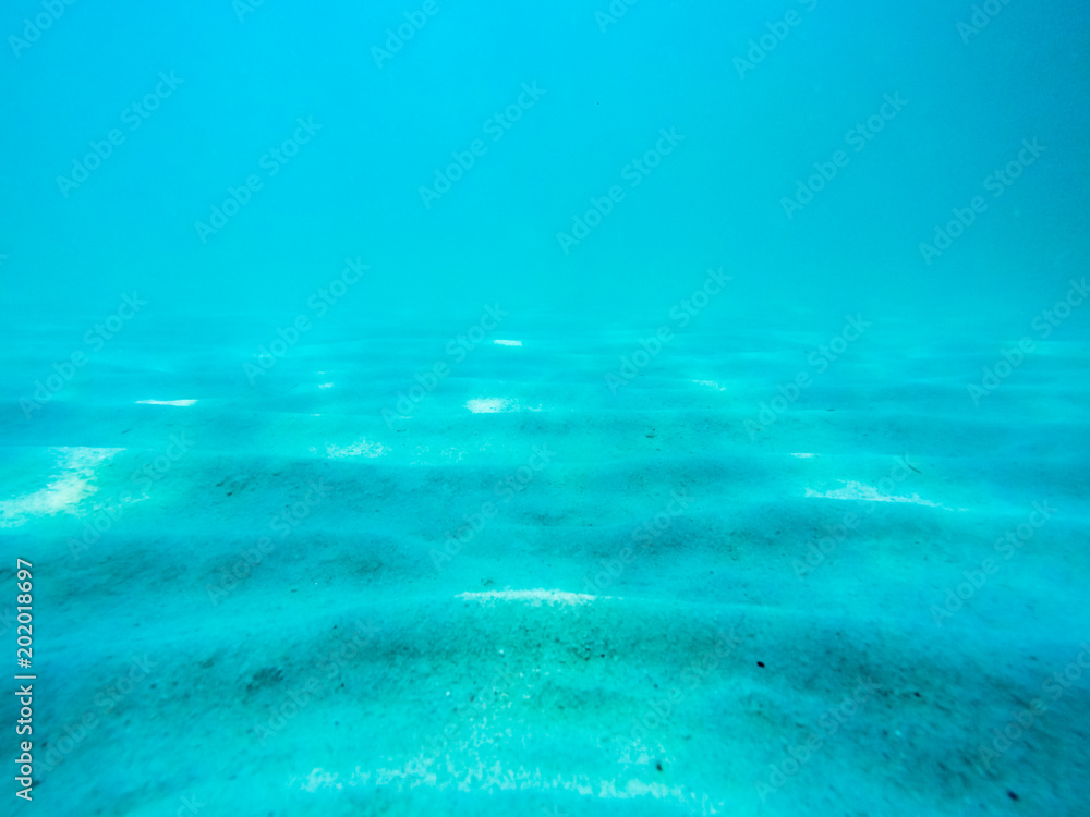 Obraz premium Underwater scene with sunlight through water surface to bottom of sand side