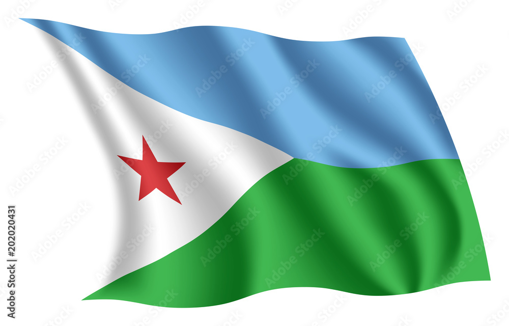 Djibouti flag. Isolated national flag of Djibouti. Waving flag of the Republic of Djibouti. Fluttering textile djiboutian flag. Djibouti flag. Isolated national flag of Djibouti. Waving flag of the Republic of Djibouti. Fluttering textile djiboutian flag.