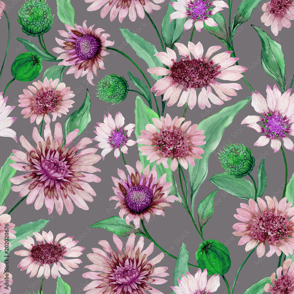 Beautiful blue and purple daisy flowers with green leaves on white background. Seamless spring pattern. Watercolor painting. Hand painted floral illustration.