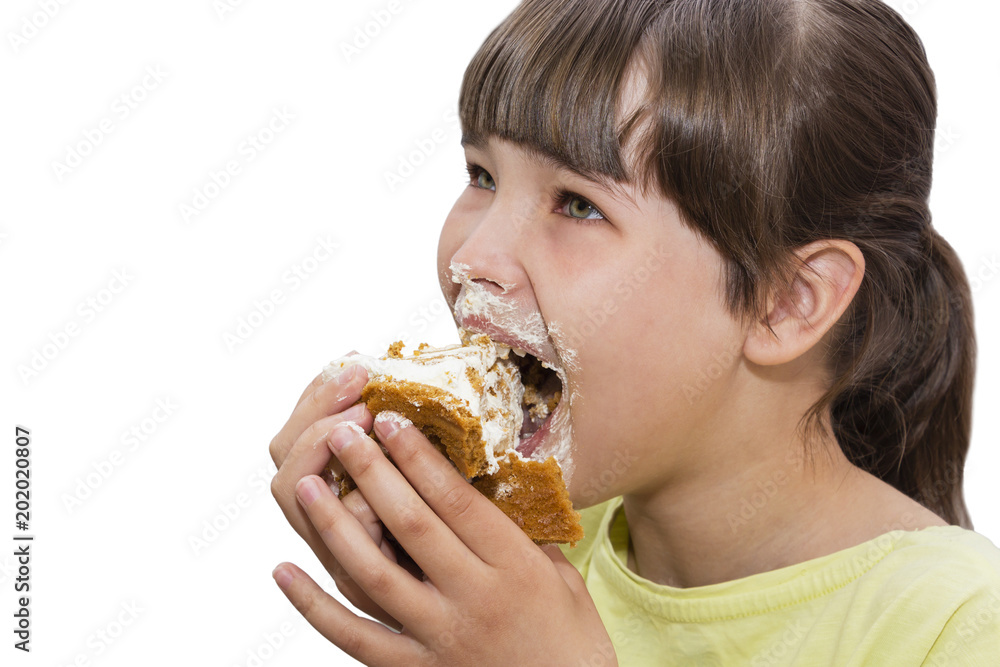 Girl eating cake. Isolated on white background. Girl eating cake. Isolated on white background.