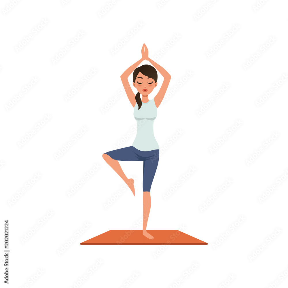 Girl standing in tree pose, Vriksasana II, beautiful woman practicing yoga vector Illustration on a white background Girl standing in tree pose, Vriksasana II, beautiful woman practicing yoga vector Illustration on a white background