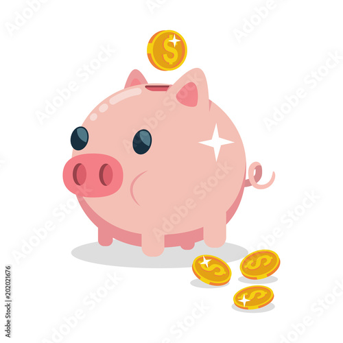 Piggy bank vector icon. Illustration of money box in the form of an agricultural animal with gold coins isolated on a white background.